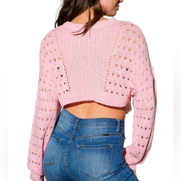 Cropped Sweater Pink Blue Knit Fringe - Picture 2 of 12